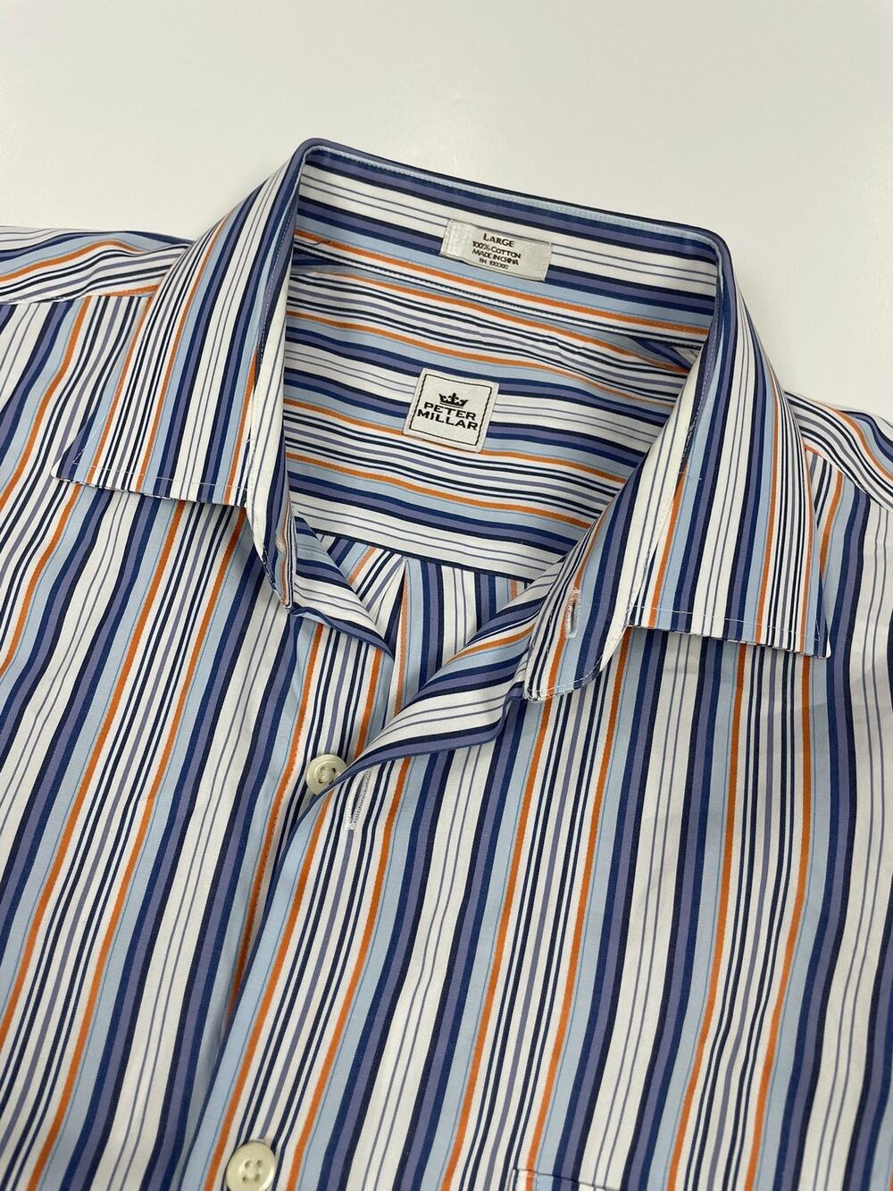 Peter Millar Men's LARGE L/S Blue/Orange/White Vertical Stripe Dress Shirt